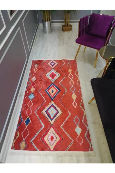 Kaymaz Tabanlı Yıkanabilir Kırmızı Kilim Desenli Dot Taban Halı Kırmızı 160 x 230