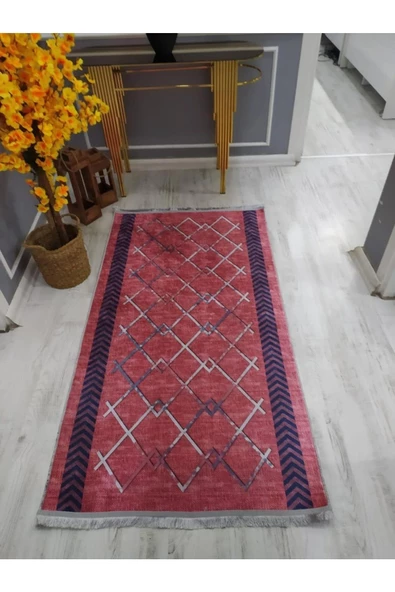 Kaymaz Tabanlı Yıkanabilir Dekoratif Çizgiler Desenli Dot Taban Halı Kırmızı 80 x 150