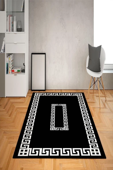 Kaymaz Taban Yıkanabilir Dekoratif Çerçeveli Dot Taban Halı SİYAH-BEYAZ 200 x 300