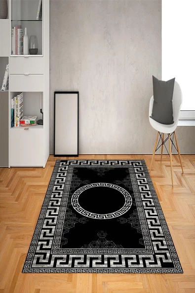 Kaymaz Taban Yıkanabilir Çerçeveli Medusa Desenli Dot Taban Halı Siyah 80 x 200