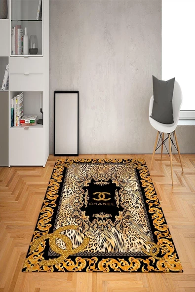 Kaymaz Taban Yıkanabilir Leopar Dekoratif Desenli Dot Taban Halı Siyah 100 x 200