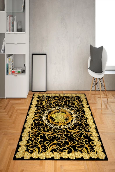 Kaymaz Taban Yıkanabilir Baroque Medusa Desenli Dot Taban Halı Siyah 200 x 300