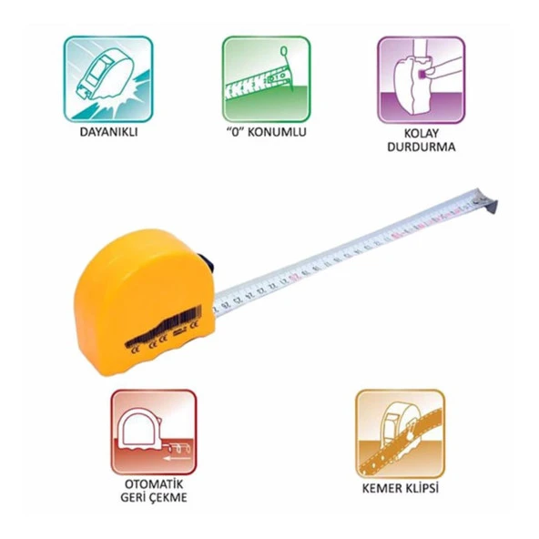 Şerit Metal Bükülebilir Metre 3 m x 16 mm Sarı Renk Düğmeli Ölçüm Ölçme Plastik Kasalı - 4