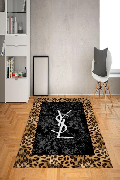 Kaymaz Taban Yıkanabilir Dekoratif Leoparlı YSL Desenli Dot Taban Halı Siyah 100 x 300