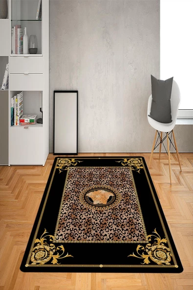 Kaymaz Taban Yıkanabilir Gold Baroque Leopar Medusa Desenli Dot Taban Halı Siyah 100 x 200