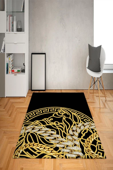 Kaymaz Taban Yıkanabilir Gold Taşlı Modern Medusa Desenli Dot Taban Halı Siyah 180 x 280