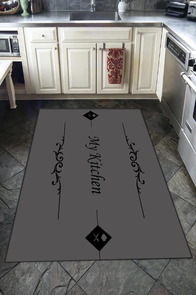 Kaymaz Tabanlı Yıkanabilir My Kitchen Desenli Dot Taban Halı GRİ 80 x 200