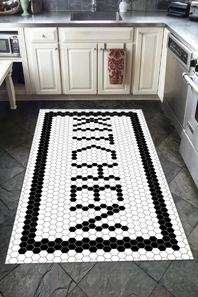 Kaymaz Tabanlı Yıkanabilir Dekoraif Kitchen Desenli Dot Taban Halı Siyah 140 x 200