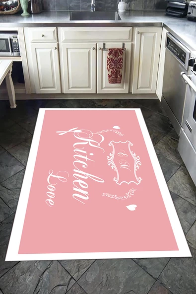 Kaymaz Tabanlı Yıkanabilir Kitchen Love Desenli Dot Taban Halı PEMBE-BEYAZ 140 x 200