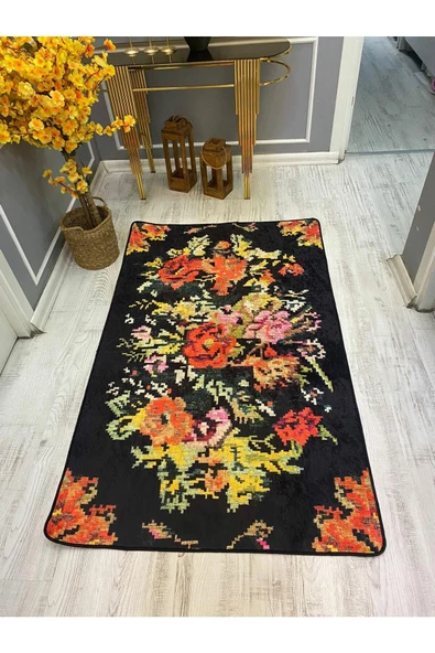 Kaymaz Tabanlı Yıkanabilir Renkli Karabağ Kilim Desenli Dot Taban Halı Siyah 100 x 300