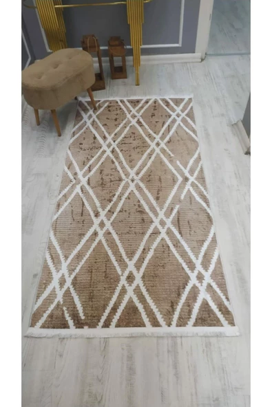 Kaymaz Tabanlı Yıkanabilir Çizgili İskandinav Kilim Desenli Dot Taban Halı RENKLİ 80 x 300