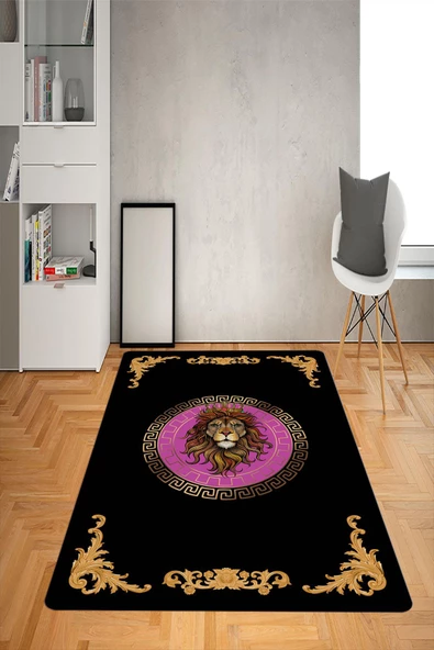 Kaymaz Taban Yıkanabilir Baroque Aslan Medusa Desenli Dot Taban Halı Siyah 80 x 150