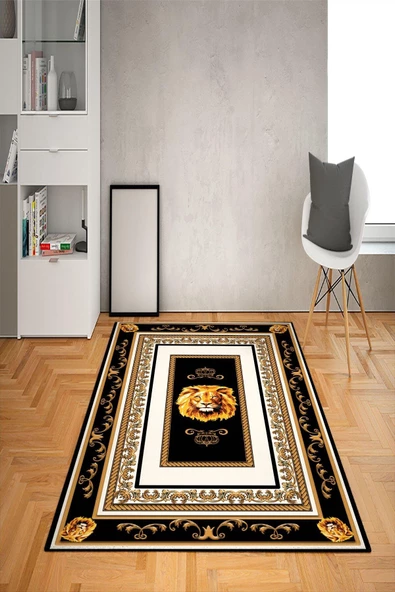 Kaymaz Tabanlı Yıkanabilir Çerçeveli Aslan Desenli Dot Taban Halı SİYAH-BEYAZ-GOLD 140 x 200