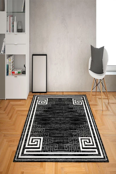 Kaymaz Tabanlı Yıkanabilir Geometrik Desenli Dot Taban Halı SİYAH BEYAZ 80 x 300