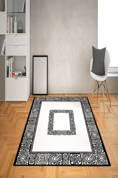 Kaymaz Tabanlı Yıkanabilir Ortası Çerçeveli Desenli Dot Taban Halı SİYAH BEYAZ 80 x 150