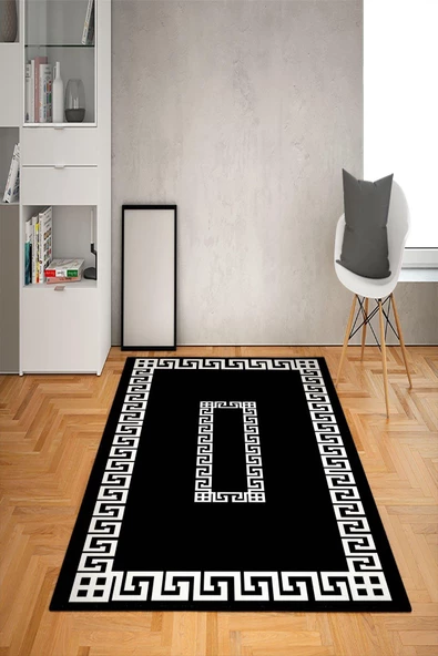 Kaymaz Tabanlı Yıkanabilir Çerçeve Desenli Dot Taban Halı SİYAH-BEYAZ 160 x 230