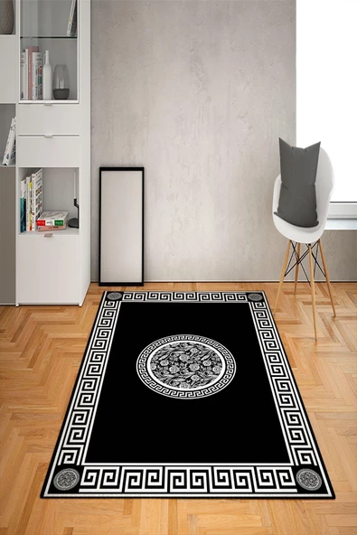 Kaymaz Tabanlı Yıkanabilir Çerçeveli Geometrik Desenli Dot Taban Halı SİYAH-BEYAZ 180 x 280