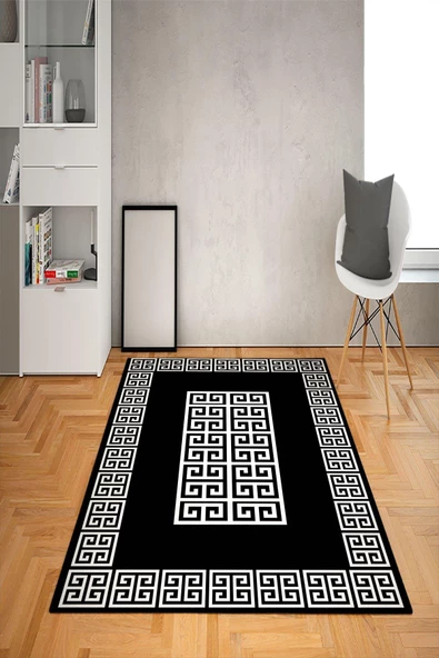 Kaymaz Tabanlı Yıkanabilir Çerçeveli Geometrik Desenli Dot Taban Halı SİYAH-BEYAZ 180 x 280