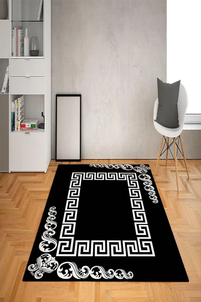 Kaymaz Tabanlı Yıkanabilir Dekoratif Desenli Dot Taban Halı SİYAH-BEYAZ 120 x 180