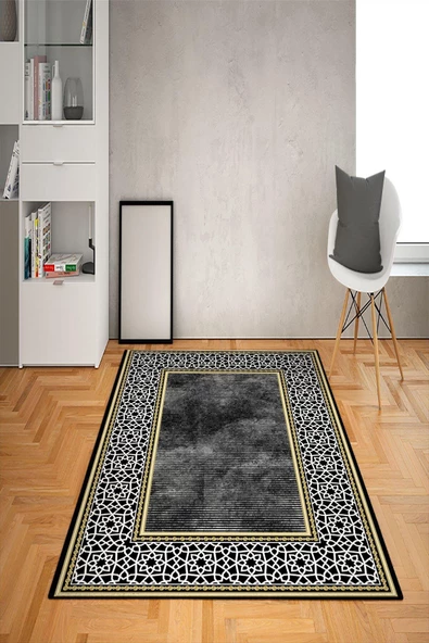 Kaymaz Tabanlı Yıkanabilir Geometrik Çerçeve Desenli Dot Taban Halı Siyah 140 x 200