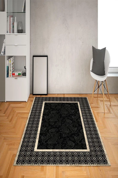 Kaymaz Tabanlı Yıkanabilir Çerçeve Desenli Dot Taban Halı Siyah 180 x 280