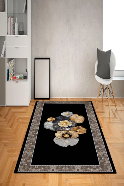 Kaymaz Tabanlı Yıkanabilir Çerçeve Çiçek Desenli Dot Taban Halı RENKLİ 200 x 300