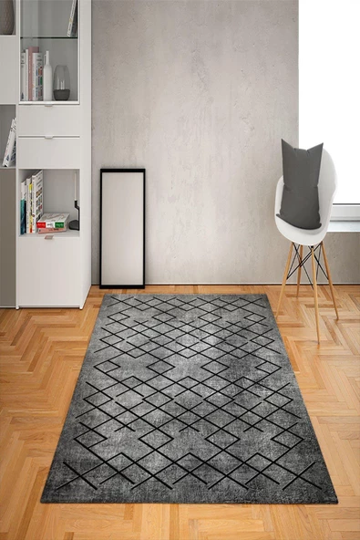 Kaymaz Tabanlı Yıkanabilir Geometrik Desenli Dot Taban Halı GRİİ 160 x 230