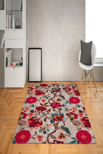 Kaymaz Tabanlı Yıkanabilir Çiçek Desenli Dot Taban Halı RENKLİ 80 x 300