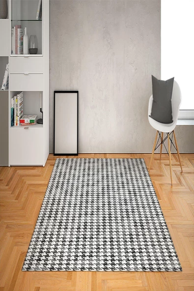 Kaymaz Tabanlı Yıkanabilir Geometri Desenli Dot Taban Halı GRİİ 100 x 200