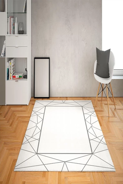 Kaymaz Tabanlı Yıkanabilir Geometrik Çerçeve Desenli Dot Taban Halı beyaz gümüş 160 x 230