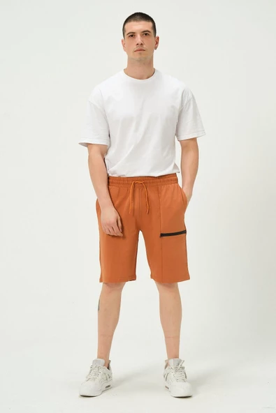 Erkek Fermuar Detaylı Şort Taba - Resim 2