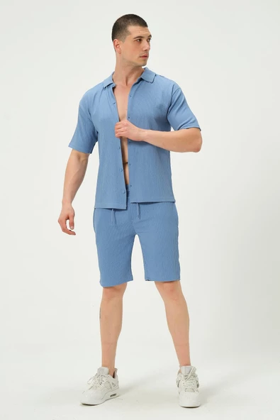 Erkek Crinkle Kumaş Regular Fit Şort Mavi - 2