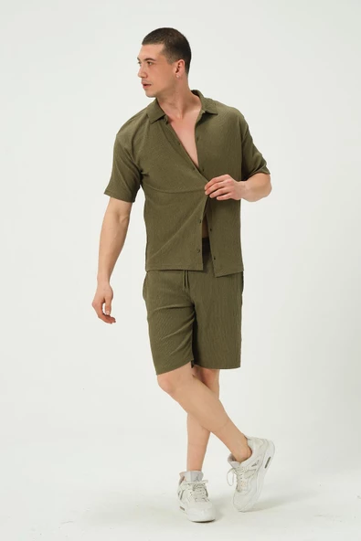 Erkek Crinkle Kumaş Regular Fit Şort Yeşil - 2