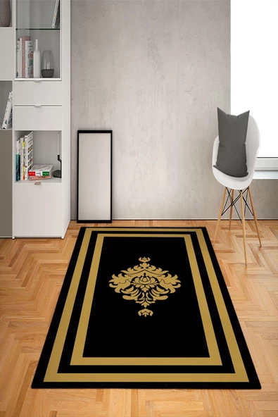 Kaymaz Tabanlı Yıkanabilir Dekoratif Çerçeve Desenli Dot Taban Halı Siyah-Gold 160 x 230