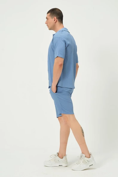 Erkek Crinkle Kumaş Regular Fit Şort Mavi - 4