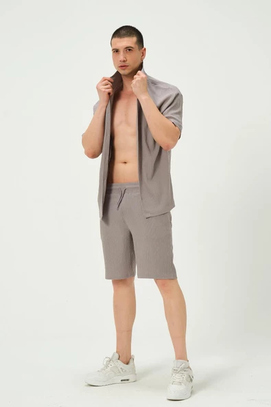 Erkek Crinkle Kumaş Regular Fit Şort Gri - 2