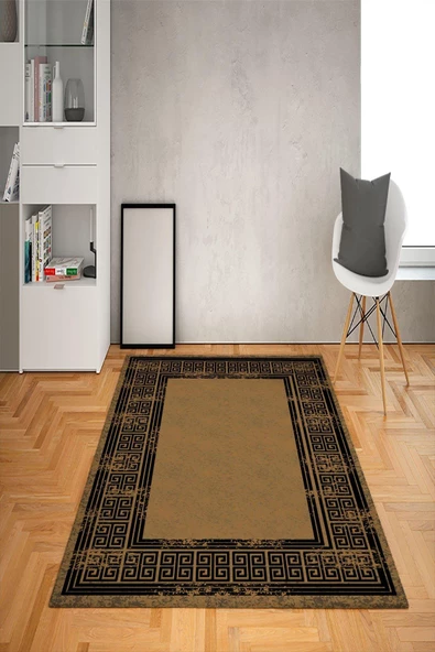 Kaymaz Tabanlı Yıkanabilir Geometrik Çerçeve Desenli Dot Taban Halı KAHVERENGİ 120 x 180