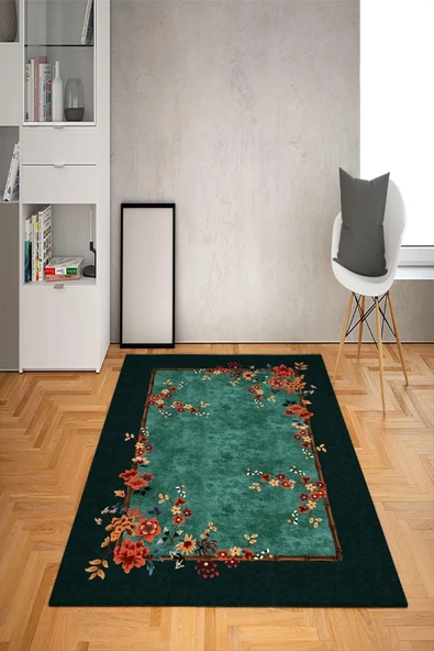 Kaymaz Tabanlı Yıkanabilir Çerçeve Çiçek Desenli Dot Taban Halı RENKLİ 200 x 300