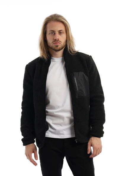 Erkek Dik Yaka Fermuarlı Peluş Ceket Siyah - Resim 4