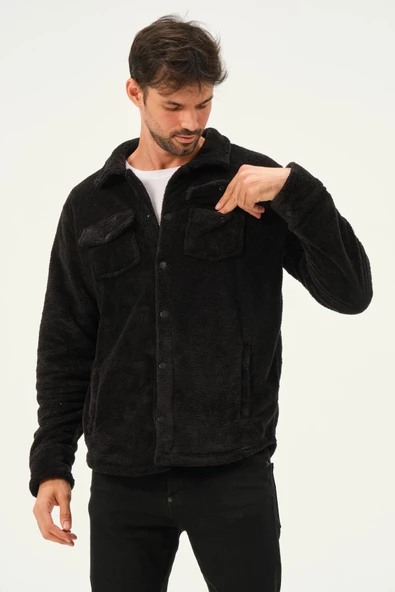 Erkek Oversize Çıt Çıt Kapamalı Cepli Peluş Siyah Ceket - 4