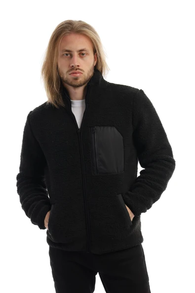 Erkek Dik Yaka Fermuarlı Peluş Ceket Siyah ürün görseli 1