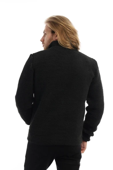 Erkek Dik Yaka Fermuarlı Peluş Ceket Siyah - Resim 5