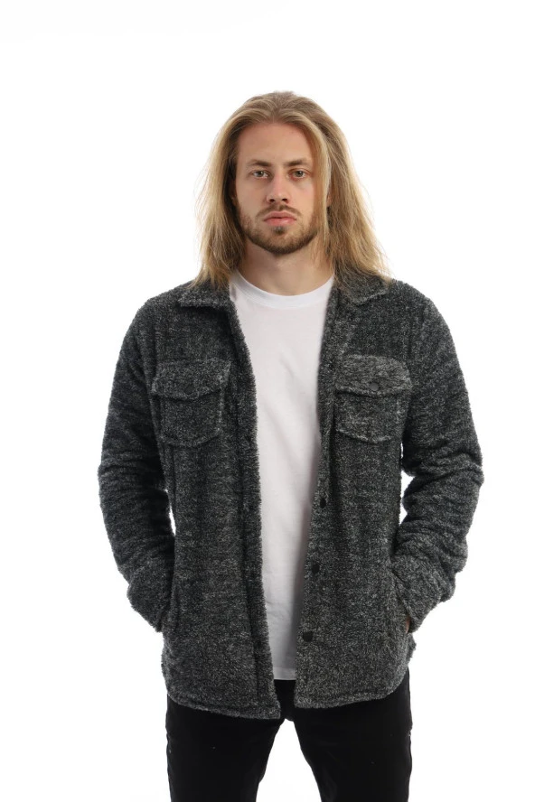 Erkek Çıt Çıt Detaylı Cepli Peluş Ceket Antrasit-Melanj - Resim 5