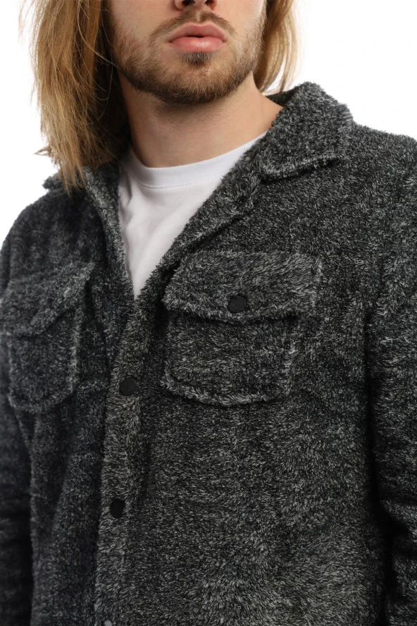Erkek Çıt Çıt Detaylı Cepli Peluş Ceket Antrasit-Melanj - Resim 11