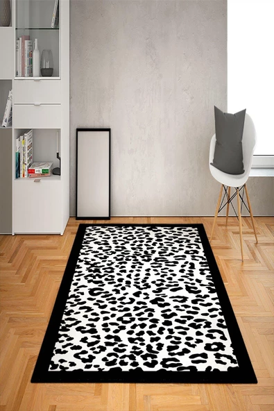 Kaymaz Tabanlı Yıkanabilir Leopar Desenli Dot Taban Halı SİYAH-BEYAZ 100 x 300