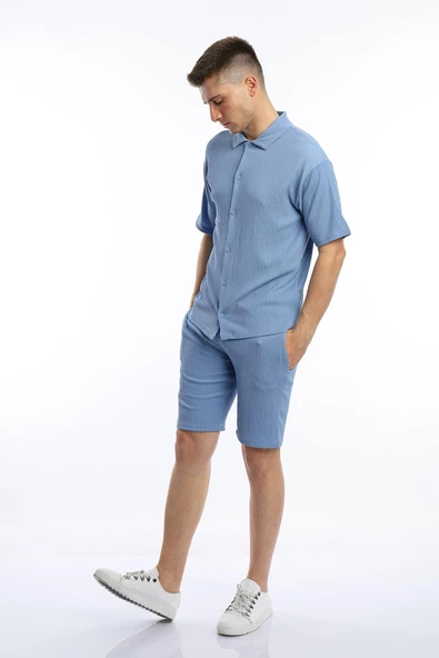 Erkek Crinkle Kumaş Gömlek / Şort Takım Mavi - 3