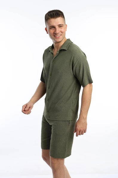 Erkek Crinkle Kumaş Gömlek / Şort Takım Yeşil - 2