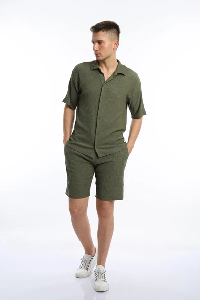 Erkek Crinkle Kumaş Gömlek / Şort Takım Yeşil - 3