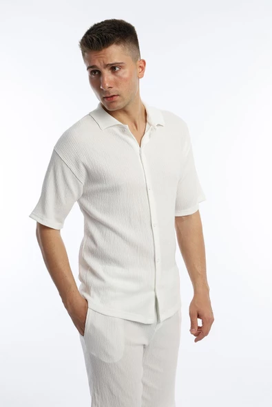 Erkek Crinkle Kumaş Gömlek / Şort Takım Beyaz - 2
