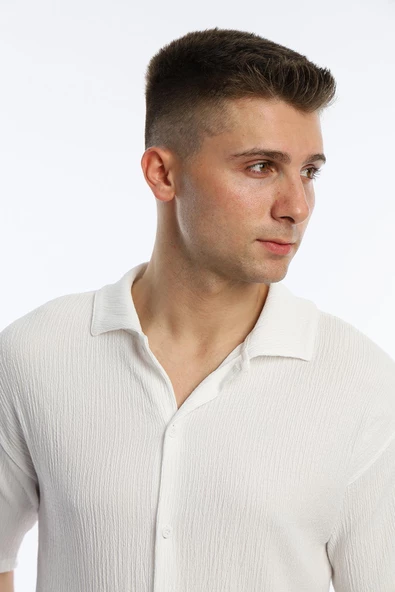 Erkek Crinkle Kumaş Gömlek / Şort Takım Beyaz - 3